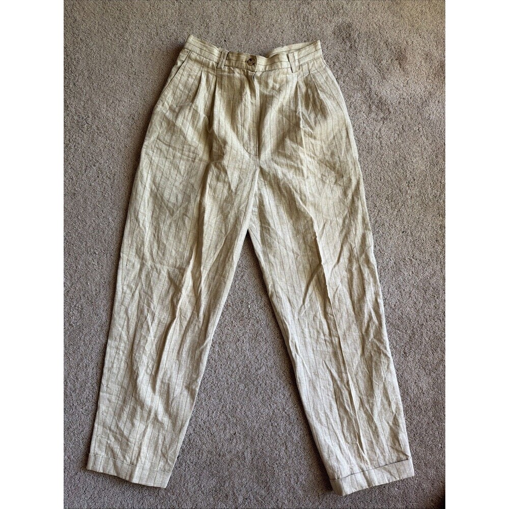 Vintage Rafaella Linen Pants Womens Size 10 Striped Brown Khaki